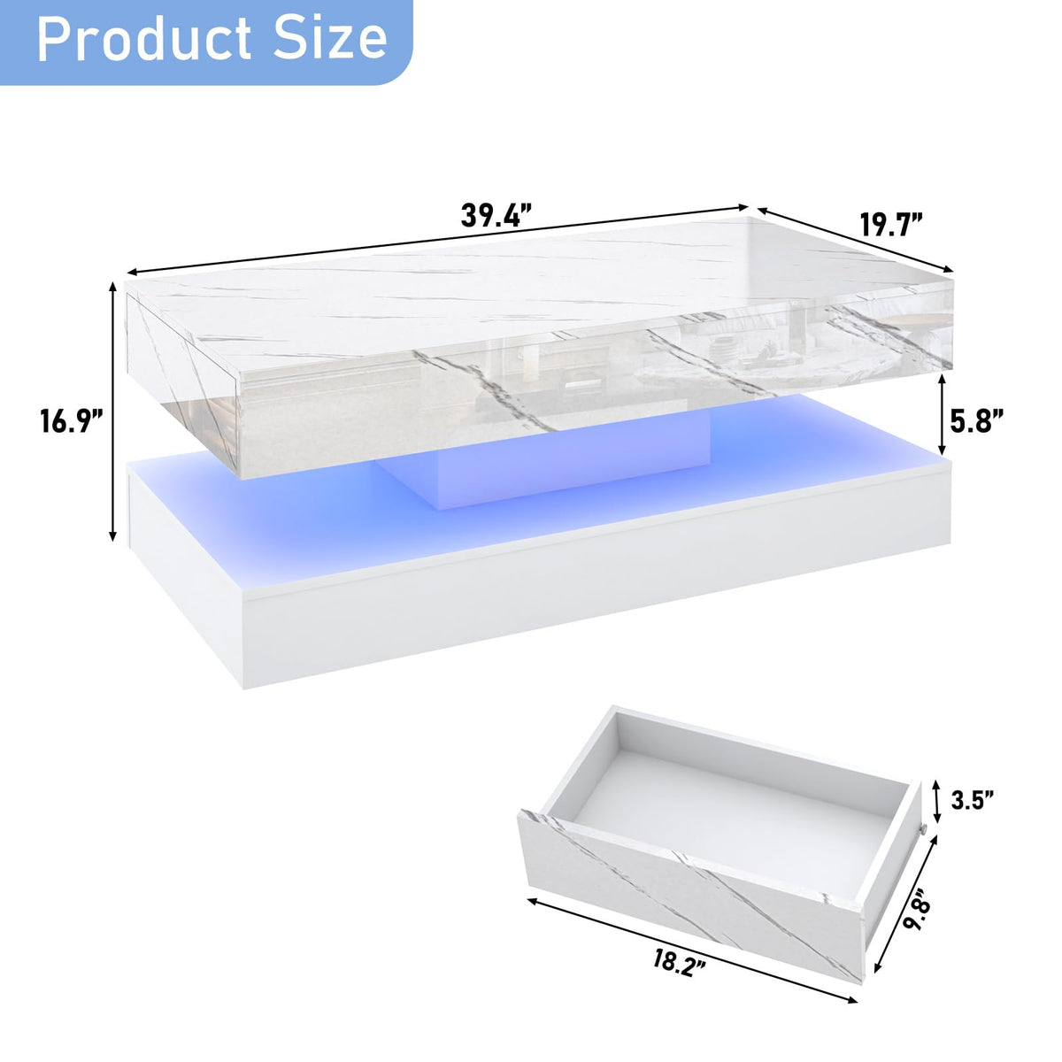 High-Gloss LED Coffee Table with Drawers 100cm White