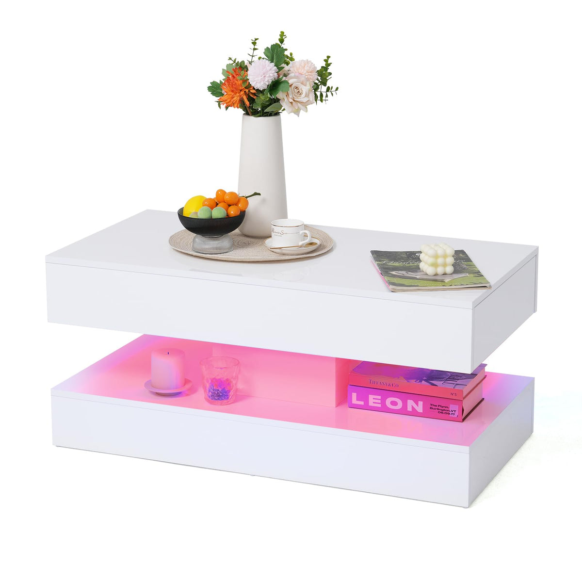 Verano Garden IDNYX025 High-Gloss LED Coffee Table with Drawers 100cm White
