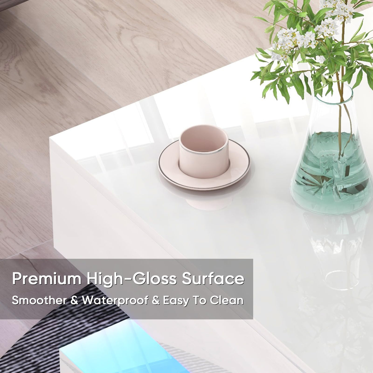 Verano Garden IDNYX025 High-Gloss LED Coffee Table with Drawers 100cm White