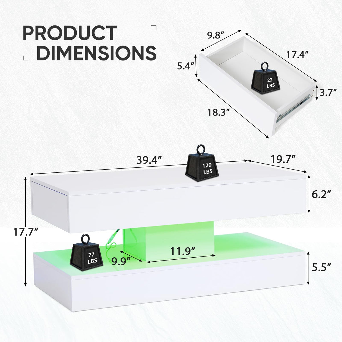 Verano Garden IDNYX025 High-Gloss LED Coffee Table with Drawers 100cm White