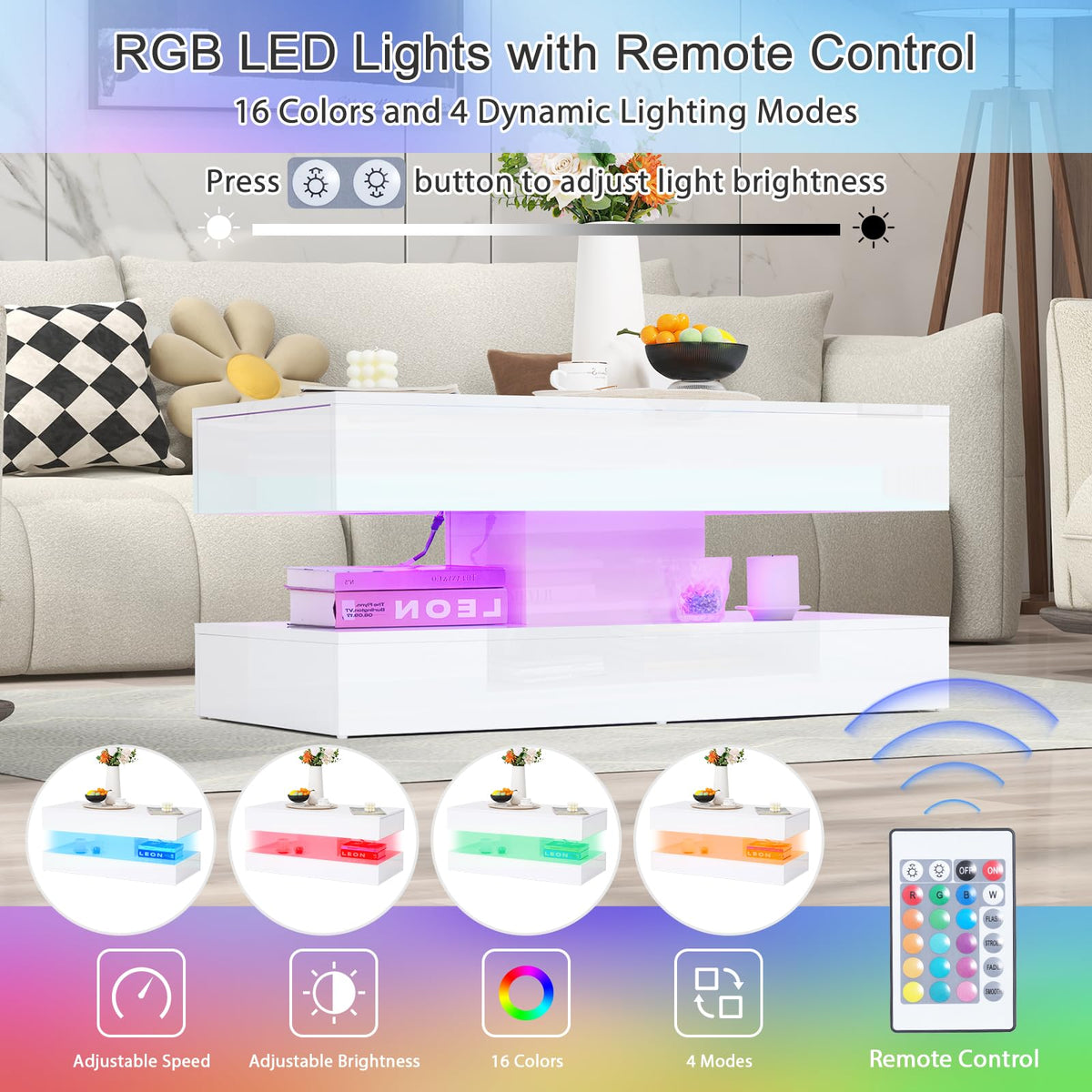 Verano Garden IDNYX025 High-Gloss LED Coffee Table with Drawers 100cm White