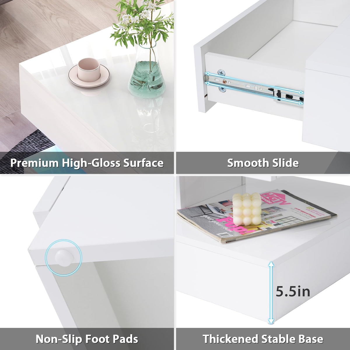 Verano Garden IDNYX025 High-Gloss LED Coffee Table with Drawers 100cm White