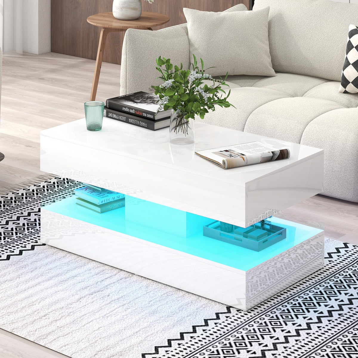 Verano Garden IDNYX025 High-Gloss LED Coffee Table with Drawers 100cm White