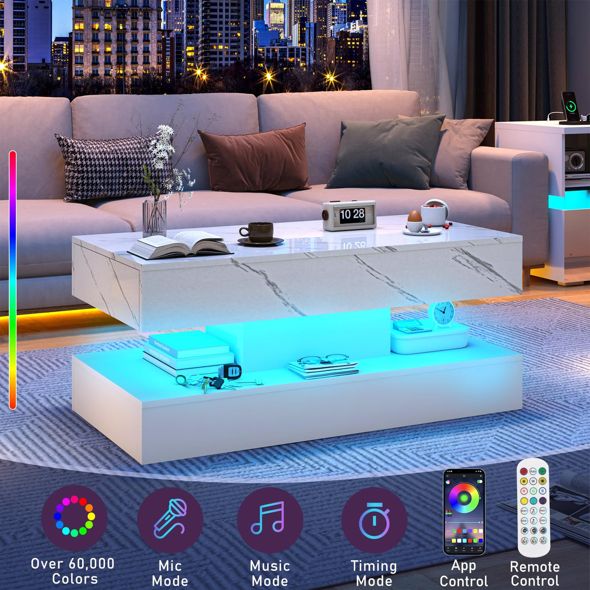 High-Gloss LED Coffee Table with Drawers 100cm White