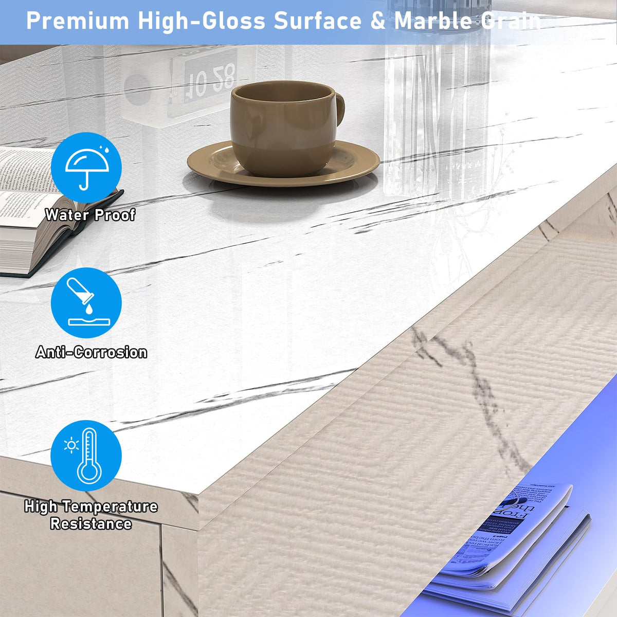 High-Gloss LED Coffee Table with Drawers 100cm White