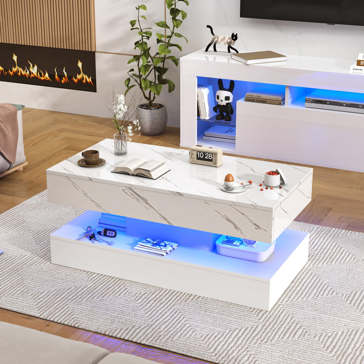 High-Gloss LED Coffee Table with Drawers 100cm White