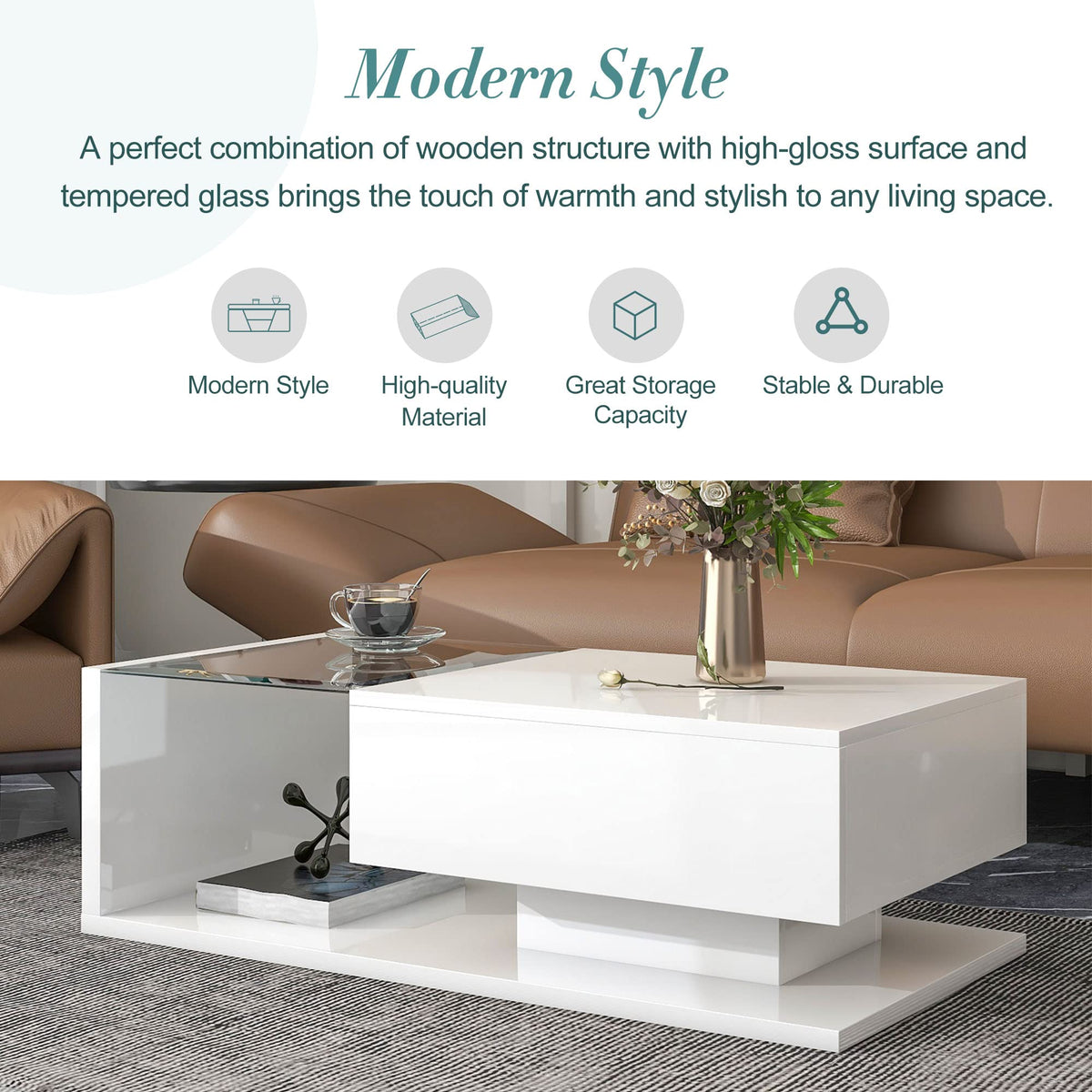 LUMISOL WS00458 High-Gloss Coffee Table with Tempered Glass White