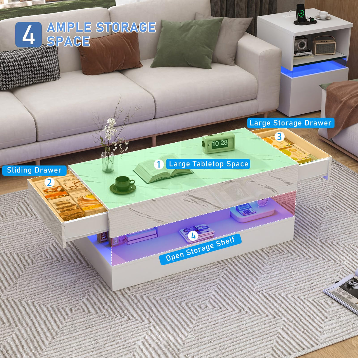 High-Gloss LED Coffee Table with Drawers 100cm White