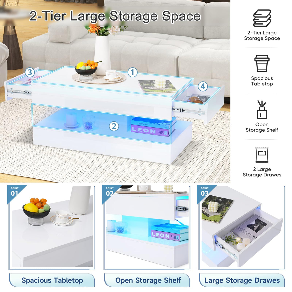 Verano Garden IDNYX025 High-Gloss LED Coffee Table with Drawers 100cm White