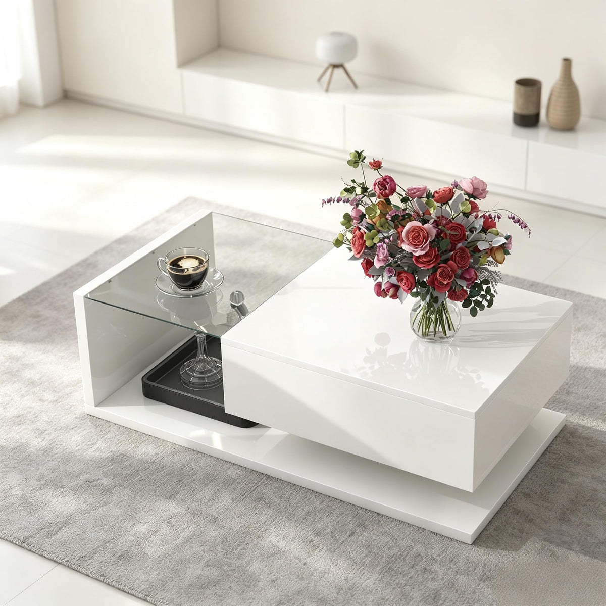 LUMISOL WS00458 High-Gloss Coffee Table with Tempered Glass White