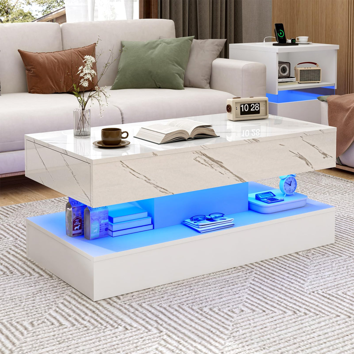 High-Gloss LED Coffee Table with Drawers 100cm White