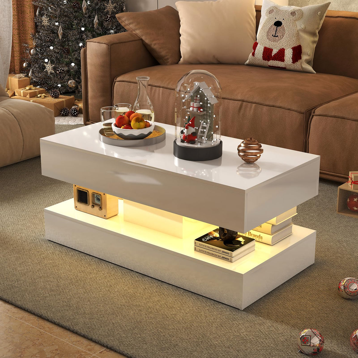 Verano Garden IDNYX025 High-Gloss LED Coffee Table with Drawers 100cm White